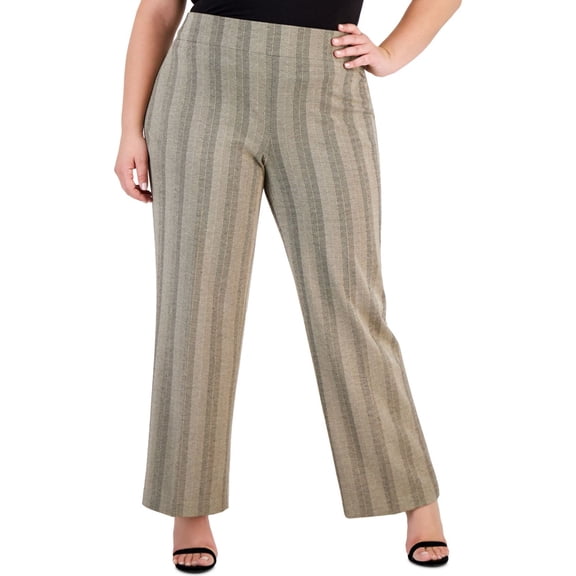 Anne Klein Womens Striped Casual Wide Leg Pants, Beige, Plus Size, 1X