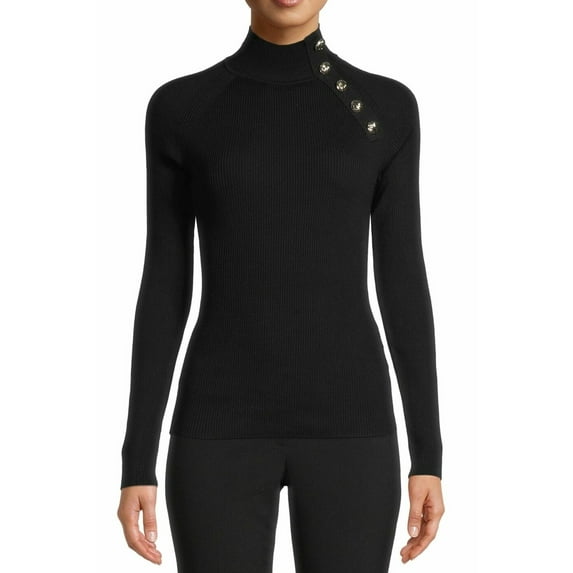 Anne Klein Womens Sweater Ribbed Button-Detail Pullover Black XS