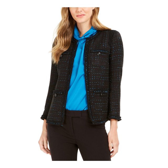 Anne Klein Womens Tweed Colorblock Suit Jacket Black 10