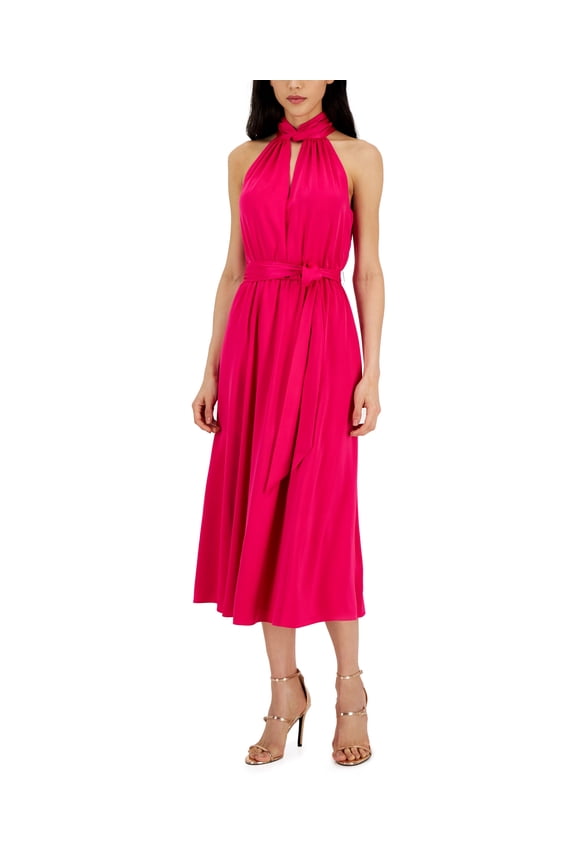 Womens Twist-Neck Sleeveless Midi Dress Amaranth 14