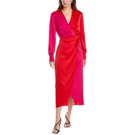 Anne Klein Womens Long Sleeve Faux Wrap Above-Knee Cover Up Dress, Red, 8