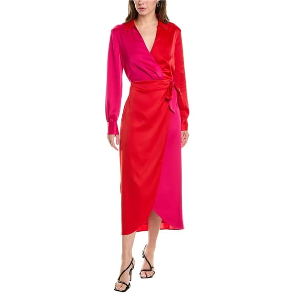Anne Klein Womens Long Sleeve Faux Wrap Above-Knee Cover Up Dress, Red, 8
