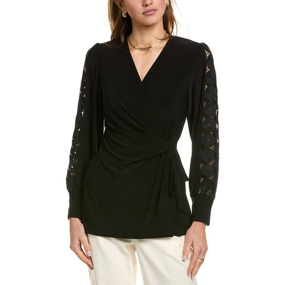 Anne Klein womens  Lace Sleeve Wrap Top, s, Black