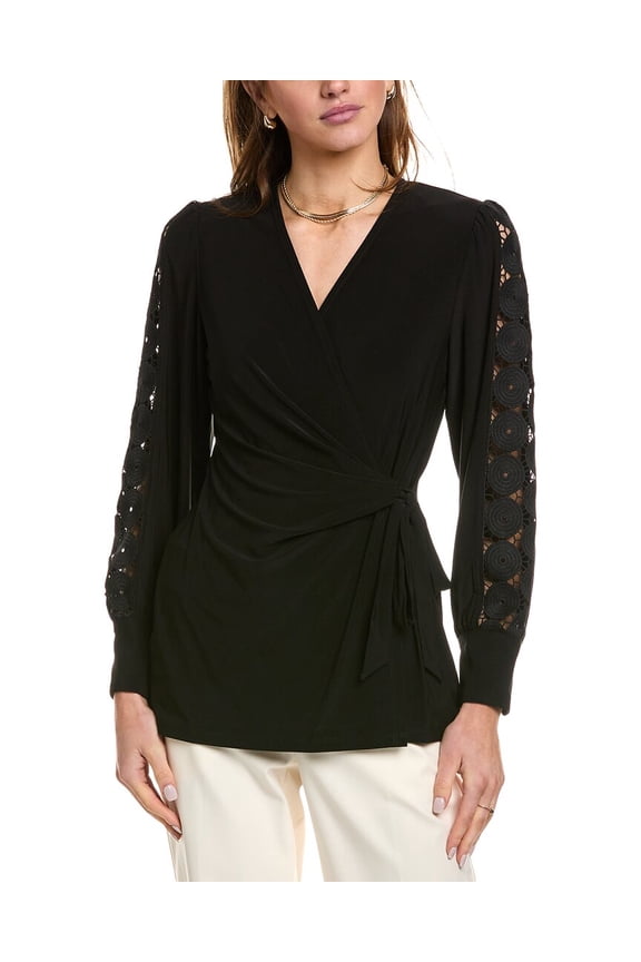 womens Lace Sleeve Wrap Top, s, Black