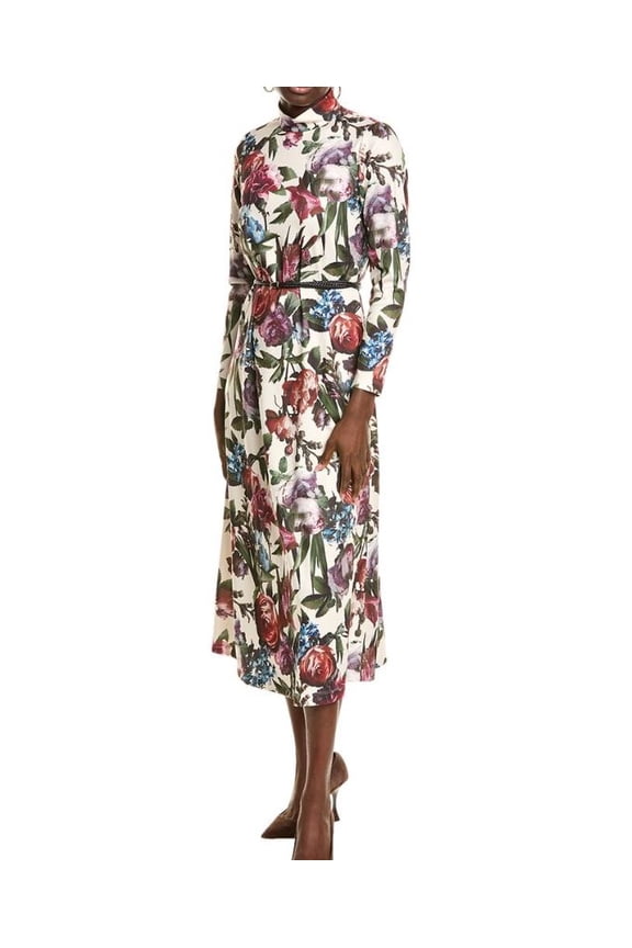 womens Mock Neck Printed Midi Dress, l, Pink