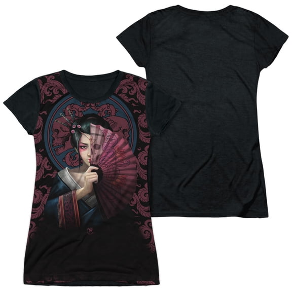 Anne Stokes - Geisha Skull - Juniors Teen Girls Black Back Sleeve Shirt - XX-Large