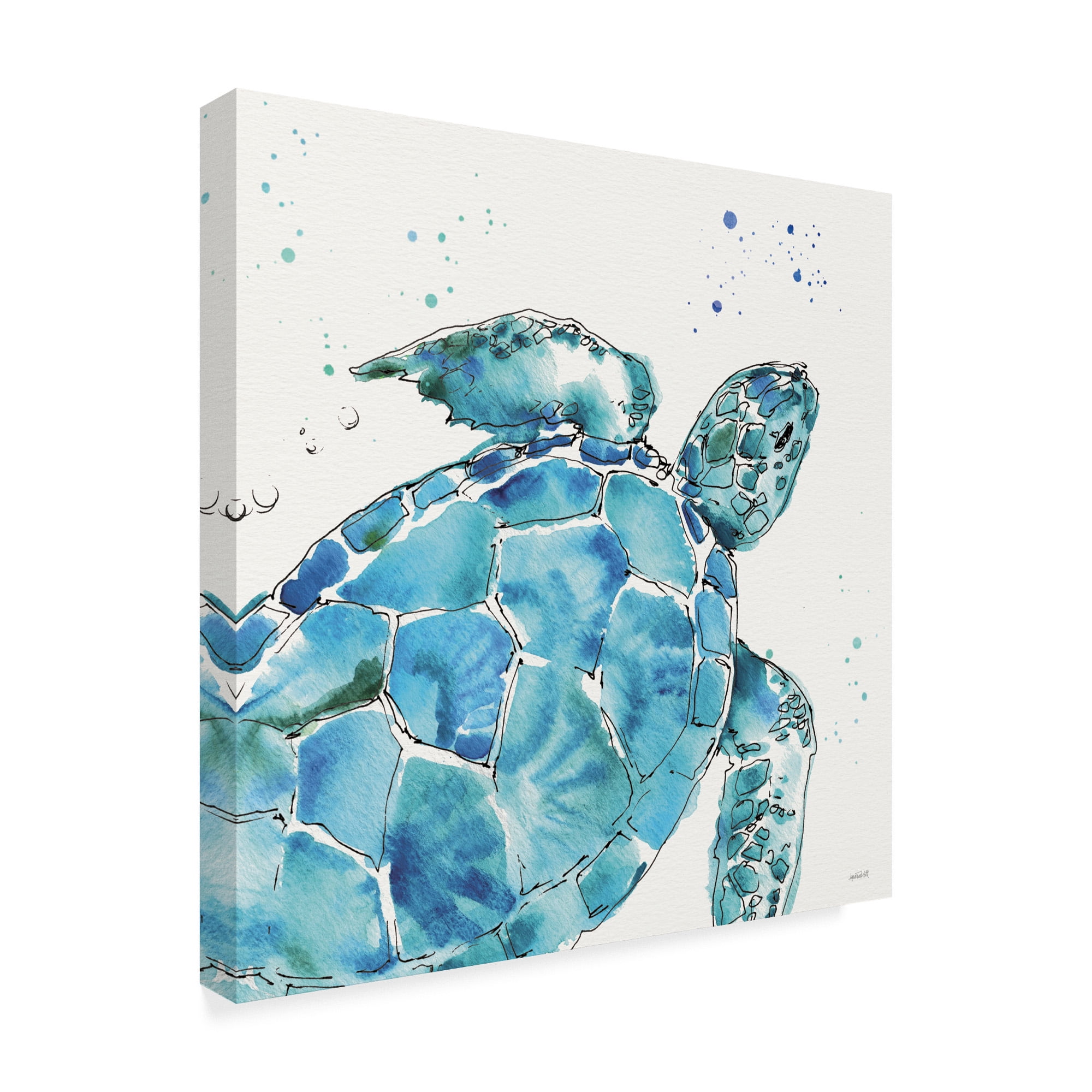 14" x 14" Blue and Green Watercolor Sea Turtle Canvas Art