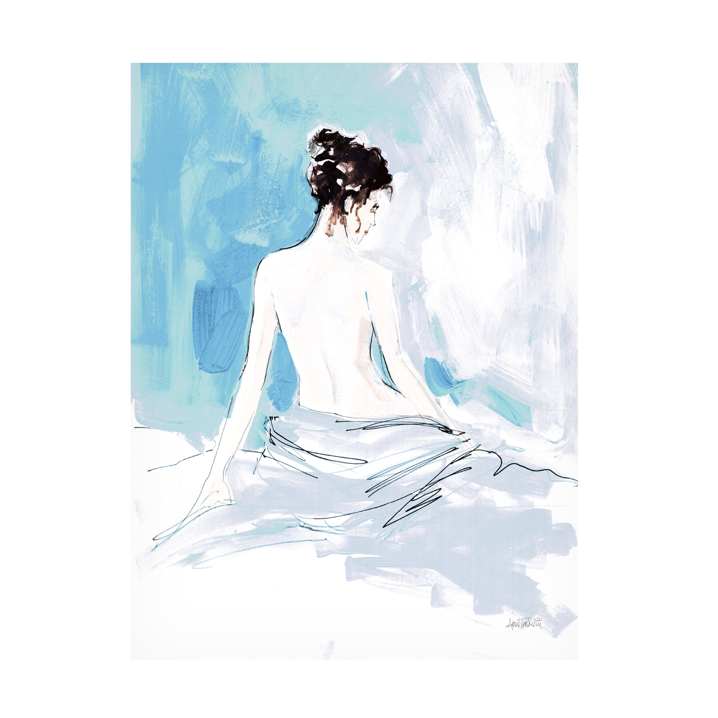 Nude I Blue Vertical Canvas Art in Light Blue and White