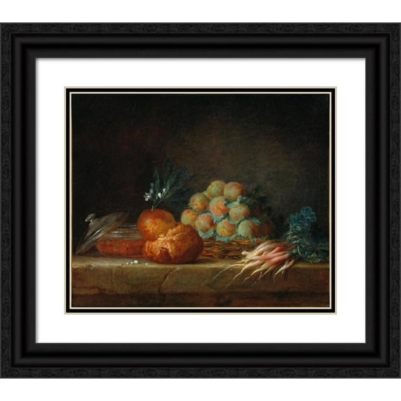 Anne Vallayer-Coster 23x20 Black Ornate Framed Double Matted Museum Art Print Titled: Still Life with Brioche, Fruit and Vegetables (1775)