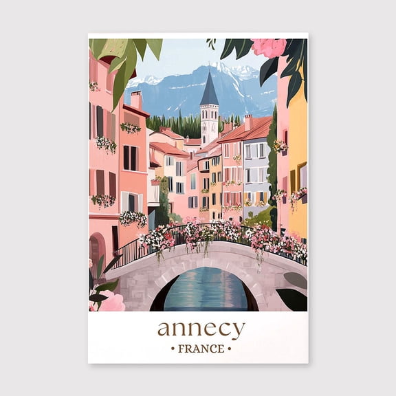 Annecy France Travel Canvas, Lake Town Art Print, Illustrated French Alps Wall Decor