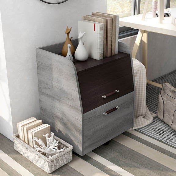 Anneta 1-Drawer and 1-Shelf Wood File Cabinet with Caster, Vintage Gray Oak