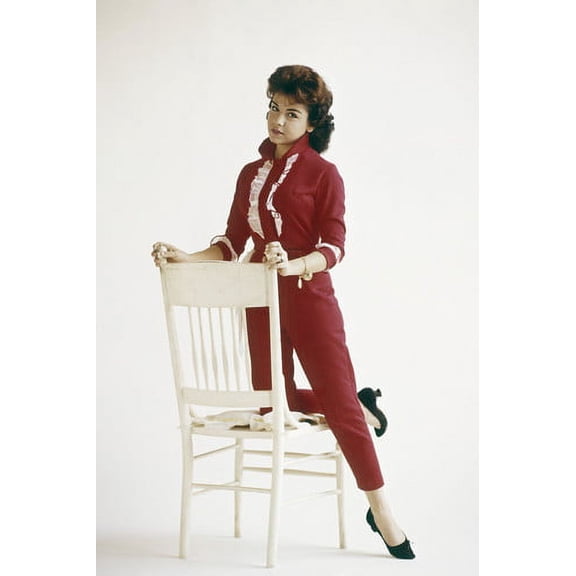 Annette Funicello full length pose in red outfit kneeling on chair 24x36 Poster