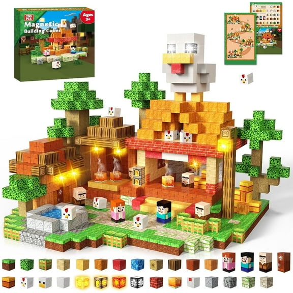Annexfun 200PCS Magnetic Blocks with Light Up Blocks - Magnet Building Blocks, Stacking Magent Cubes Roast Chicken Store Theme, STEM Montessori Sensory Toys for Kids Boys Girls Ages 3+ Birthday Gift
