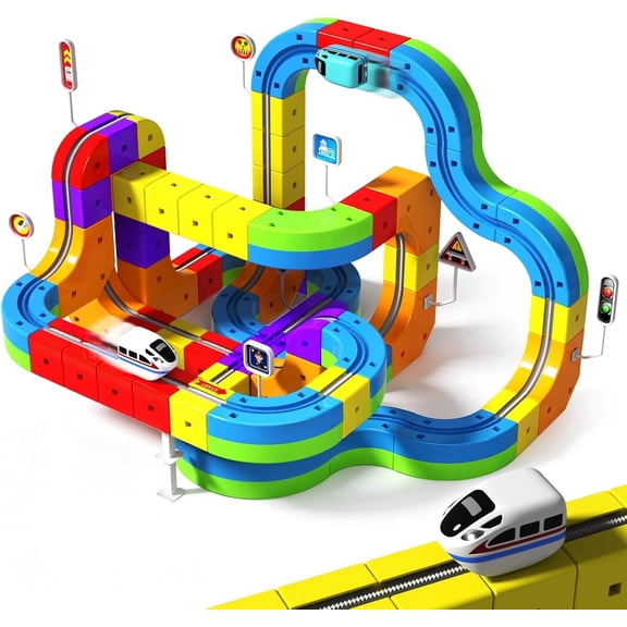 Annexfun Electric Train Set for Kids, 110Pcs Build 3D DIY Track Building Kits with Train and Traffic Signs, STEM Car Toy Set for Kids, 3 4 5 6 7 8 Years Old Boys & Girls Birthday