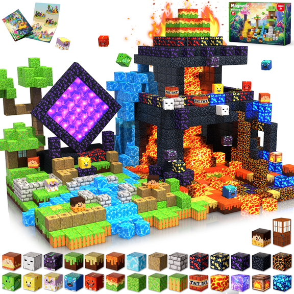 Magnetic Blocks - 300 Pcs with Light Up Blocks Dinosaur Volcano Forest Castle Set - Kids Classroom Toy for Toddlers STEM, Construction Stacking Toy Kids 3+ Birthday Gifts