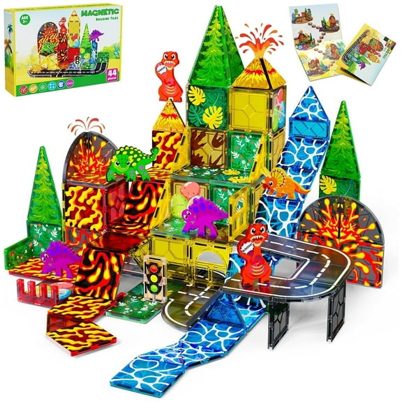 Annexfun Magnetic Tiles,Lava Dinosaur Magnetic Building Blocks for Kids,STEM Learning Sensory Birthday Gifts for 3＋ Years Old Boys Girls