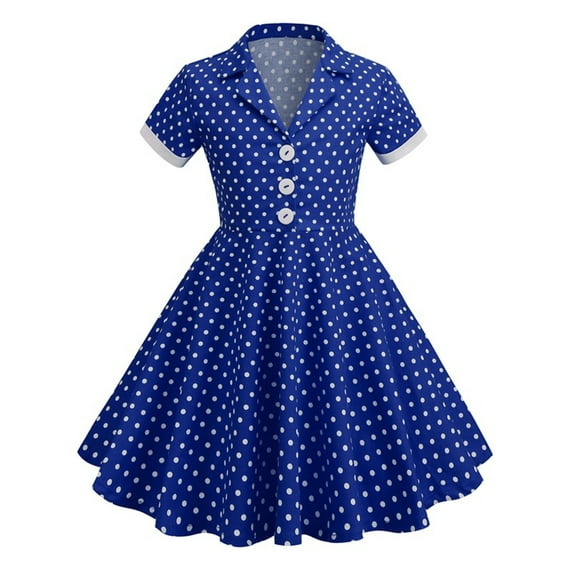 Annhoo 1950s Retro Dress for Girls Classic Polkaa Dots Short Sleeve Button down Dress Vintage Lapel Party Dress