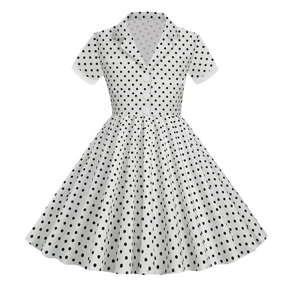 Annhoo 1950s Retro Dress for Girls Classic Polkaa Dots Short Sleeve Button down Dress Vintage Lapel Party Dress