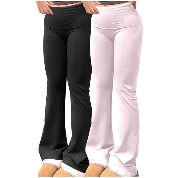Annhoo 2 Pack Pants for Women High Waisted Solid Color Long Flared Leg Slim Leggings Casual Breathable Clothes