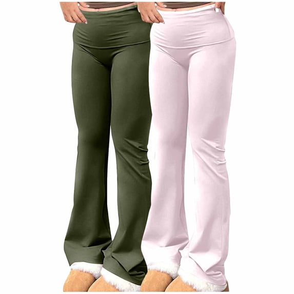 Annhoo 2 Pack Pants for Women High Waisted Solid Color Long Flared Leg Slim Leggings Casual Breathable Clothes