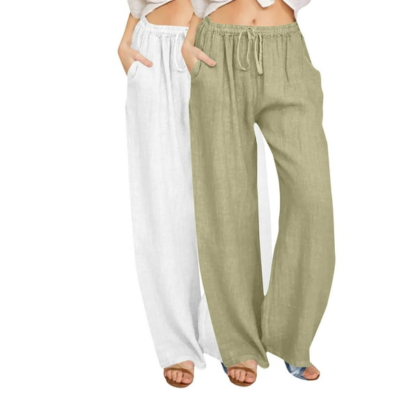 Annhoo 2 Pcs Women's Cotton Linen Pants Casual Solid Color Drawstring Lounge Pants with Pocket Elastic Waist Wide Leg Trousers