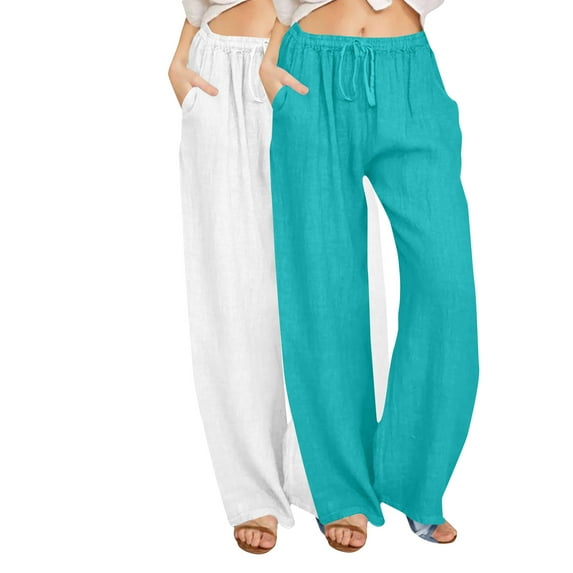 Annhoo 2 Pcs Women's Cotton Linen Pants Casual Solid Color Drawstring Lounge Pants with Pocket Elastic Waist Wide Leg Trousers