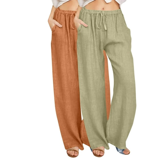 Annhoo 2 Pcs Women's Cotton Linen Pants Casual Solid Color Drawstring Lounge Pants with Pocket Elastic Waist Wide Leg Trousers