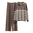 thumbnail image 1 of Annhoo 2 Piece Knit Outfits for Women Fall Lapel Long Sleeve Striped Tops and Straight Leg Trousers Comfy Sets, 1 of 4