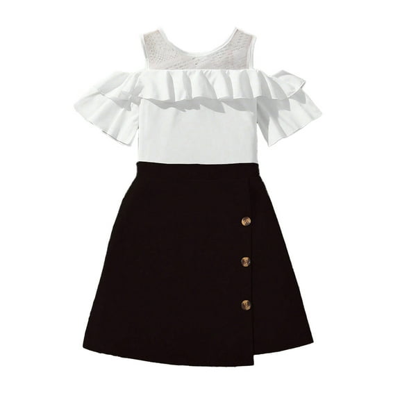 Annhoo 2 Piece Outfits for Girls Size 6-9 Trendy Ruffle off the Shoulder Short Sleeve Tops and Button Front Skirts