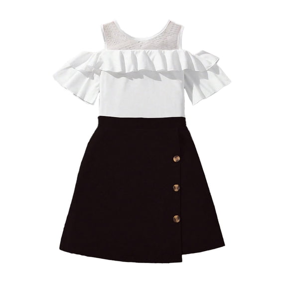 Annhoo 2 Piece Outfits for Girls Size 6-9 Trendy Ruffle off the Shoulder Short Sleeve Tops and Button Front Skirts