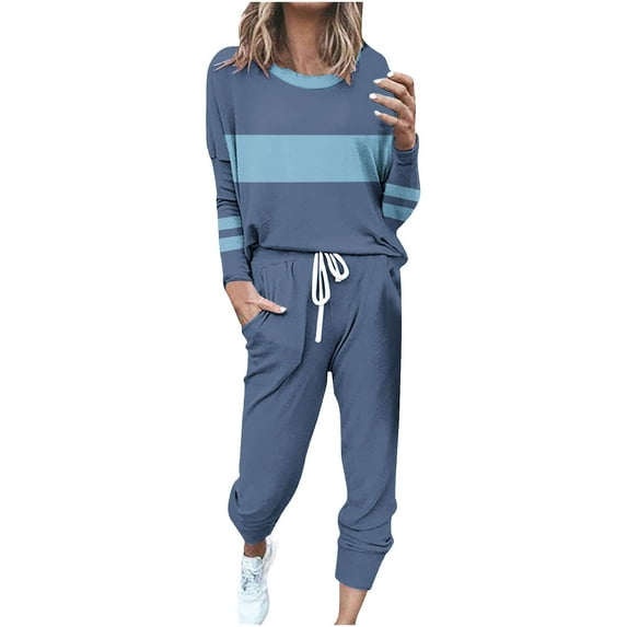 Annhoo 2 Piece Sets for Women Fall Plus Size Color Block Striped Tracksuits Casual Long Sleeve Crewneck Shirts with Joggers
