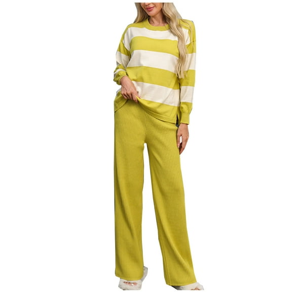 Annhoo 2 Piece Sets for Women Knit Outfits Casual Long Sleeve Crewneck Striped Tops with Pants Fall Loungewear