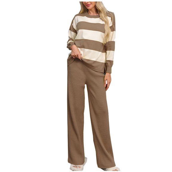 Annhoo 2 Piece Sets for Women Knit Outfits Casual Long Sleeve Crewneck Striped Tops with Pants Fall Loungewear