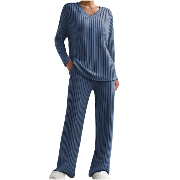 Annhoo 2 Piece Sets for Women Long Sleeve V Neck Solid Color Ribbed Casual Loungewear Fall Winter Thermal Clothes