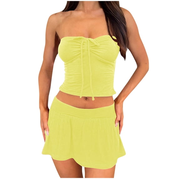 Annhoo 2 Piece Skirt Outfits for Women Sleeveless Drawstring Ruched Tube Cropped Tops and Low Wasit Mini Skorts Sets