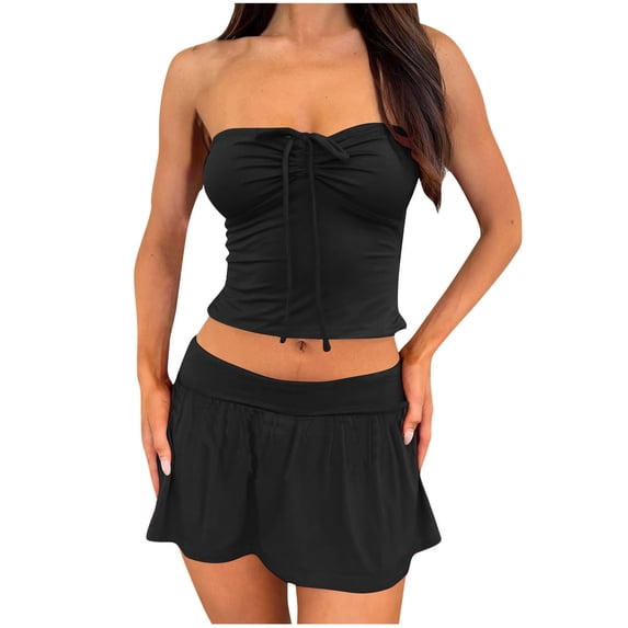 Annhoo 2 Piece Skirt Outfits for Women Sleeveless Drawstring Ruched Tube Cropped Tops and Low Wasit Mini Skorts Sets