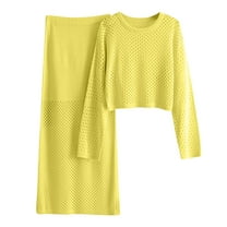 Annhoo 2 Piece Skirt Sets for Women Trendy Cutout Knitted Sweater Outfits Casual Long Sleeve T Shirts with Maxi Skirts
