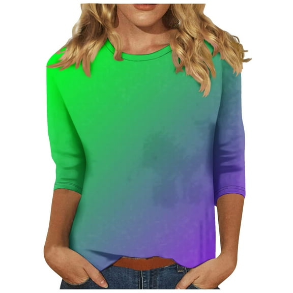 Annhoo 3/4 Length Sleeve Womens Tops Casual Crewneck Sparkly Tees Plus Size Trendy Printed Gradient Color T-Shirts