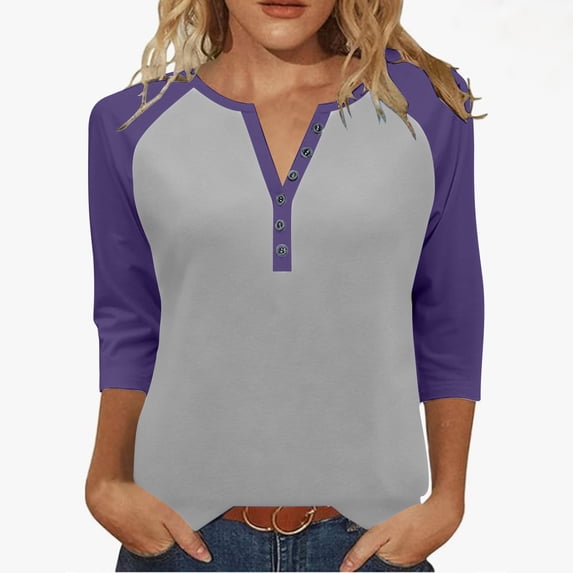 Annhoo 3/4 Length Sleeve Womens Tops Dressy Casual V Neck Block Color Button Decor T Shirts Spring Summer Clothes