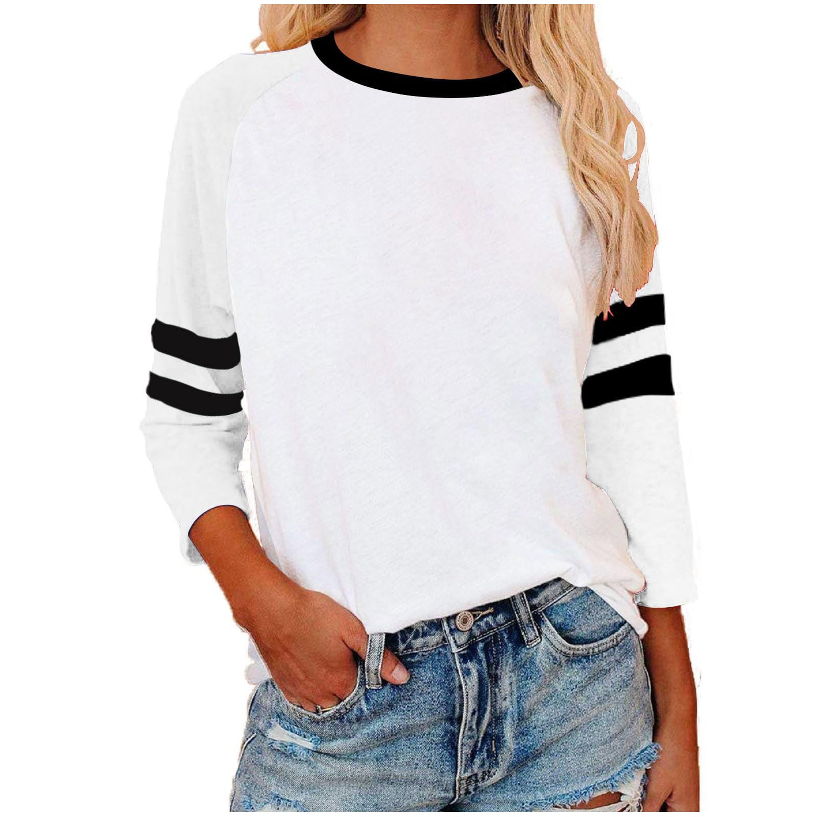 IWEMEK Long Sleeve Tops For Women Winter V Neck Polo Shirts Color Block Striped Tshirts Casual Loose Fitting Pullover