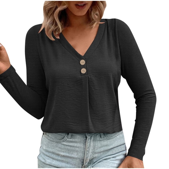 Annhoo 3/4 Length Sleeve Womens Tops Solid Color V Neck Button Decor Casual T Shirts Spring Lightweight Clothes