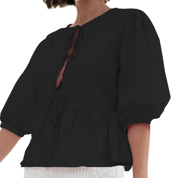 Annhoo 3/4 Length Sleeve Womens Tops Tie Front Crewneck Peplum Dressy Shirts Fall Cute Going out Lounge Tops