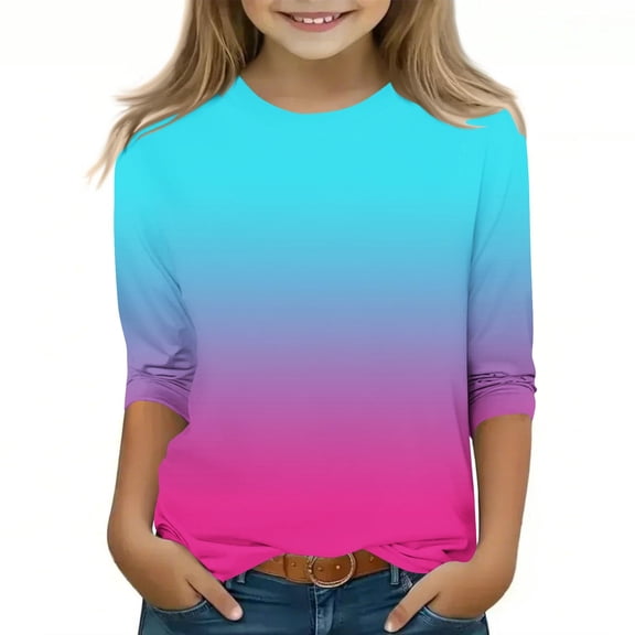 Annhoo 3/4 Sleeve Boys Girls Shirts Gradient Crew Neck Lightweight Toddler Tops Trendy Basic Kids Clothes Pullover 3-12 Years