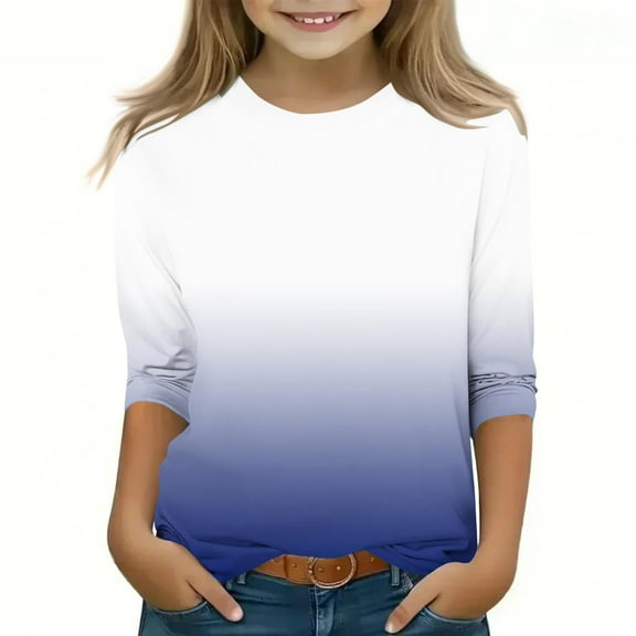 Annhoo 3/4 Sleeve Boys Girls Shirts Gradient Crew Neck Lightweight Toddler Tops Trendy Basic Kids Clothes Pullover 3-12 Years