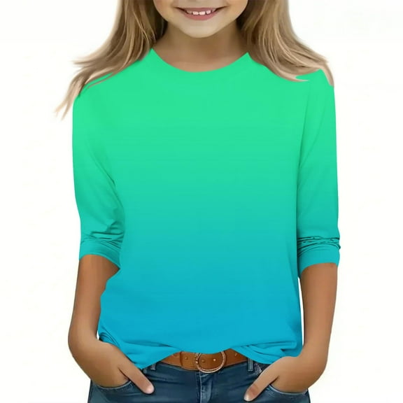 Annhoo 3/4 Sleeve Boys Girls Shirts Gradient Crew Neck Lightweight Toddler Tops Trendy Basic Kids Clothes Pullover 3-12 Years