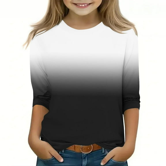 Annhoo 3/4 Sleeve Boys Girls Shirts Gradient Crew Neck Lightweight Toddler Tops Trendy Basic Kids Clothes Pullover 3-12 Years