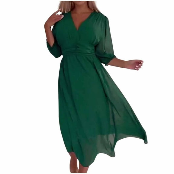 Annhoo 3/4 Sleeve Dress for Women Plus Size Solid Color V Neck Sundresses Fall Casual Flowy Vacation Midi Dress