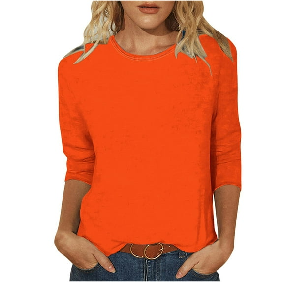 Annhoo 3/4 Sleeve Shirts for Women Plus Size Casual Round Neck Tops Summer Loose Solid Color Going out Blouse Tees