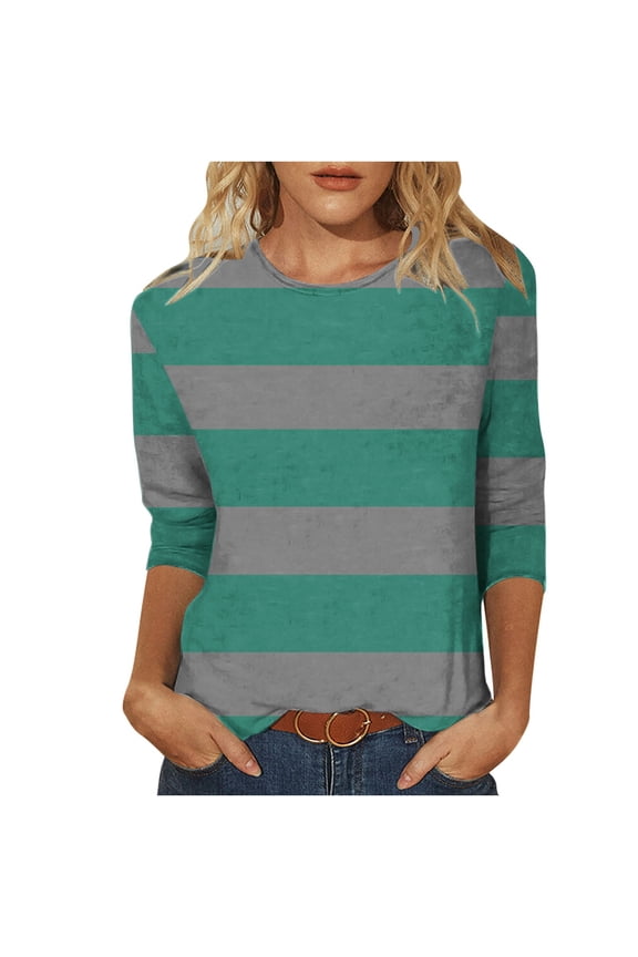 3/4 Sleeve Shirts for Women Plus Size Stripe Round Neck Striped Blouses Fall Fashion Color Block Tops