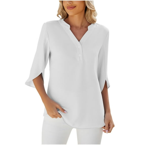 Annhoo 3/4 Sleeve Shirts for Women Summer Button down V Neck Bell Sleeve Tops Trendy Loose Work Tunics